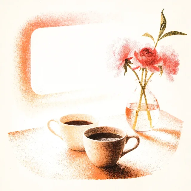 Illustration of two coffee cups and peonies in a vase by a window.