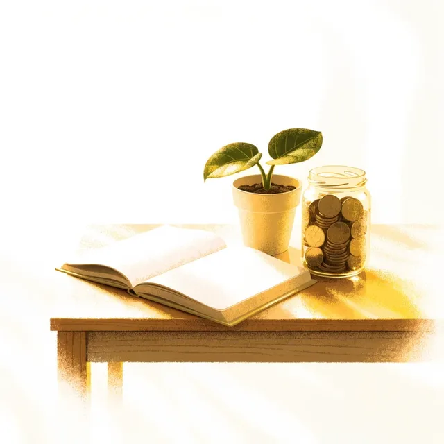 Illustration of a jar of coins in warm light.
